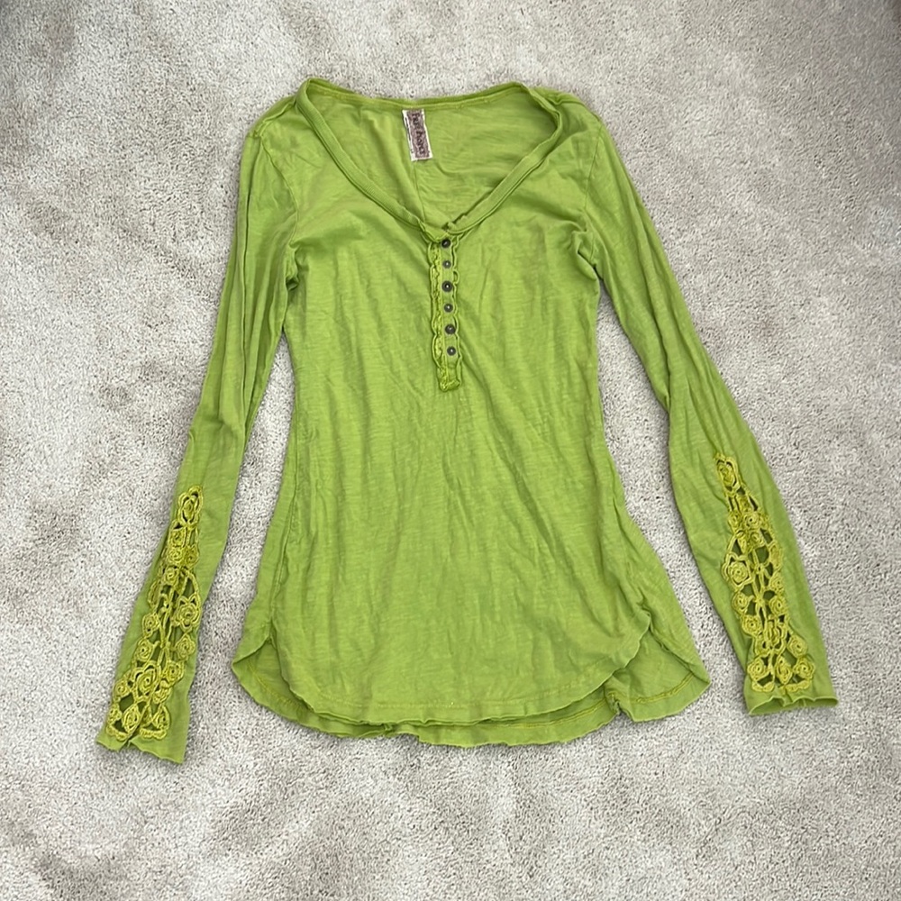 Free People Lime Green Long Sleeve Henley with Lace Sleeves